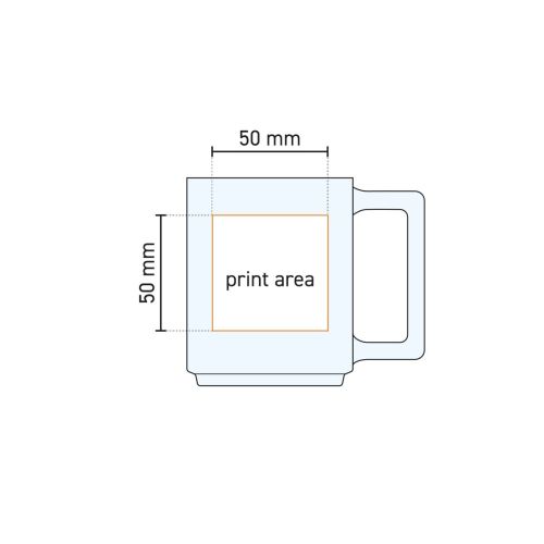 Werktekening van Theeglas Karo 25 cl in glas met duidelijk gemarkeerd drukgebied voor logo of bedrukking.