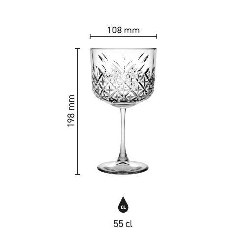 Dimensions of gin-tonic glass 55 cl visually represented in technical infographic.