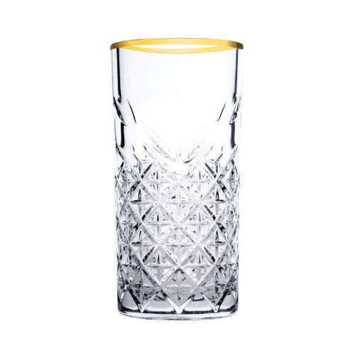 Front view of Timeless Longdrink glass 30 cl. with gold rim and with straight shape and ground glass structure. Front view of Timeless Longdrink glass 30 cl. with gold rim and with straight shape and ground glass structure.