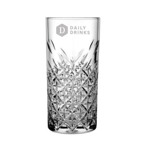 Front of glass features engraved DailyDrinks logo, minimally visible. Front of glass features engraved DailyDrinks logo, minimally visible.