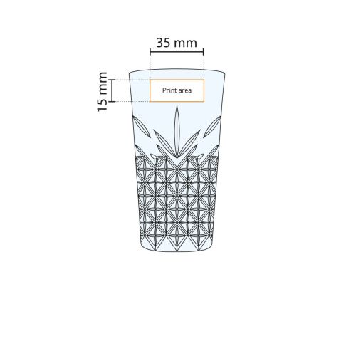 Working description of printing area on glass surface of Timeless long drink glass 34.5 cl. Working description of printing area on glass surface of Timeless long drink glass 34.5 cl.