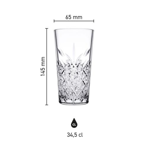 Infographic showing height, diameter and capacity of the Timeless Longdrink stacking glass 34.5 cl. Infographic showing height, diameter and capacity of the Timeless Longdrink stacking glass 34.5 cl.