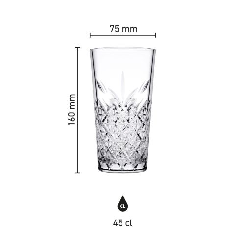 Infographic toont hoogte en diameter van het Timeless Longdrink stapelglas 45 cl. Infographic toont hoogte en diameter van het Timeless Longdrink stapelglas 45 cl.