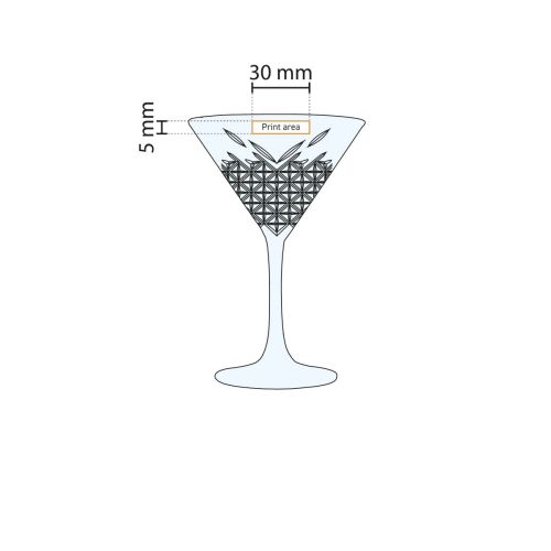 Detailed working drawing shows exact printing area on glass 23 cl. Detailed working drawing shows exact printing area on glass 23 cl.