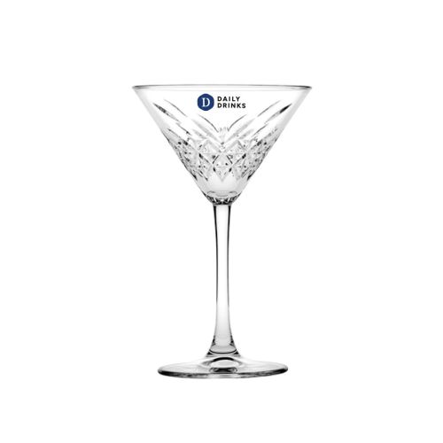 Front view of martini glass 23 cl. with multicoloured DailyDrinks logo on the chalice. Front view of martini glass 23 cl. with multicoloured DailyDrinks logo on the chalice.