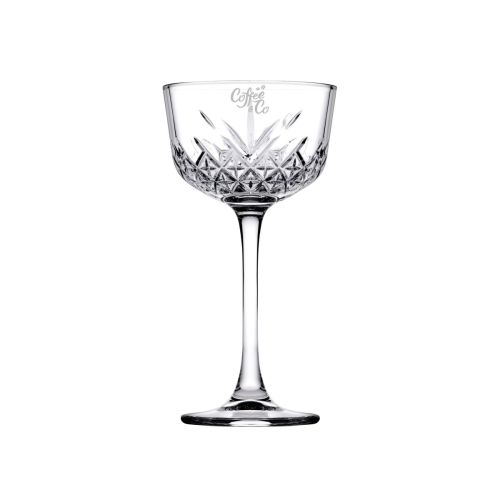 Engraving of the CoffeeCo logo visible on the front view of the Timeless Nick & Nora glass 16 cl. Engraving of the CoffeeCo logo visible on the front view of the Timeless Nick & Nora glass 16 cl.
