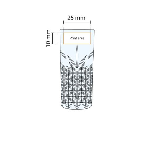 Detailed working drawing with the printing area on the Timeless Rock glass 18 cl. glass marked.