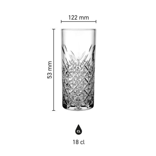 Infographic showing the dimensions of the Timeless Rock glass 18 cl. glass in clear overview.