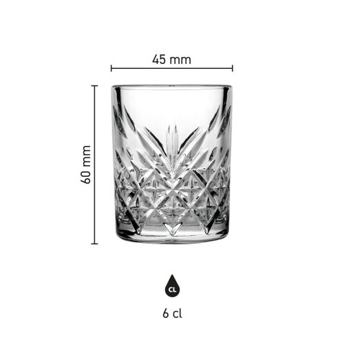 Infographic showing measurements of the Timeless Shot glass 6 cl. in height and diameter. Infographic showing measurements of the Timeless Shot glass 6 cl. in height and diameter.