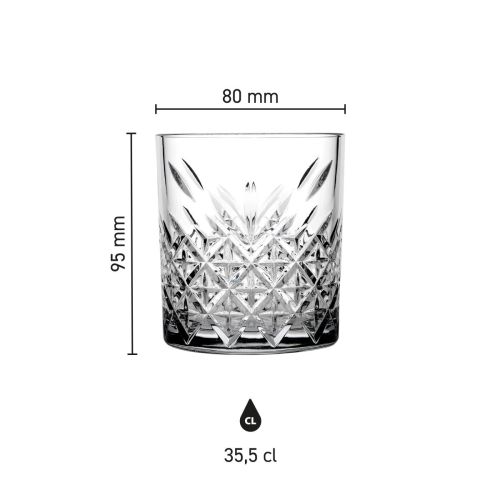 Detailed infographic shows height, diameter and capacity of the 35.5 cl Timeless Whisky glass. Detailed infographic shows height, diameter and capacity of the 35.5 cl Timeless Whisky glass.