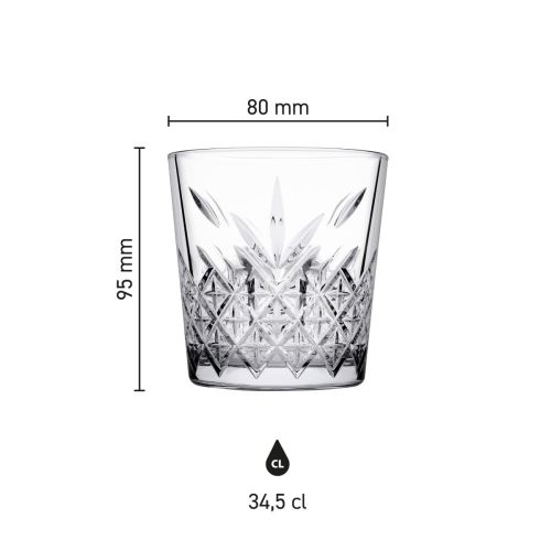 Infographic showing dimensions of the Timeless whisky glass 34.5 cl. including height and diameter.