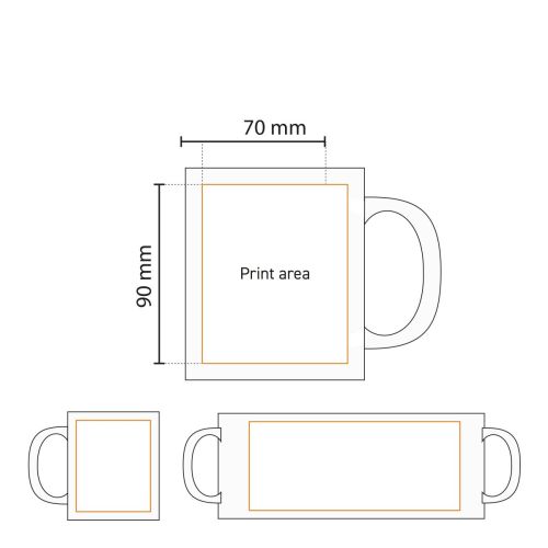 Schematic representation of the printing area on the Tomek mug 30 cl. with indication for logo or text placement. Schematic representation of the printing area on the Tomek mug 30 cl. with indication for logo or text placement.