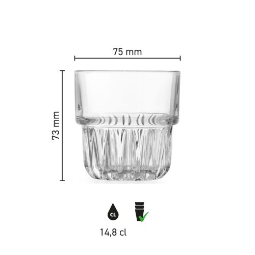 Infographic met afmetingen van het Tumbler Onis 15 cl glas. toont hoogte, diameter en inhoud. Infographic met afmetingen van het Tumbler Onis 15 cl glas. toont hoogte, diameter en inhoud.