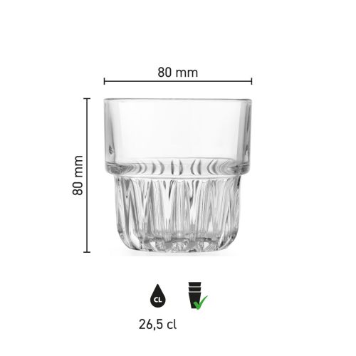 Infographic shows height, diameter and capacity of the Onis Everest glass 26.5 cl.