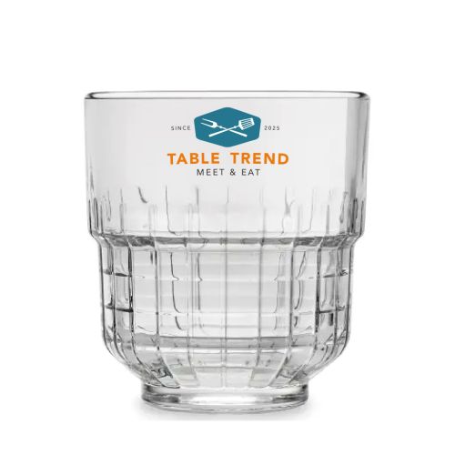 Tumbler Onis glass 35 cl. with multi-coloured TableTrend logo printed on the front of the transparent glass.