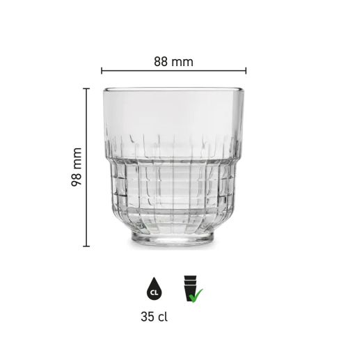 Infographic shows height, diameter and capacity of the Tumbler Onis glass 35 cl.