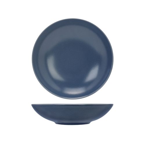 Straight front view of the Venus plate deep 21 cm of blue pottery with round shape and matt finish. Straight front view of the Venus plate deep 21 cm of blue pottery with round shape and matt finish.