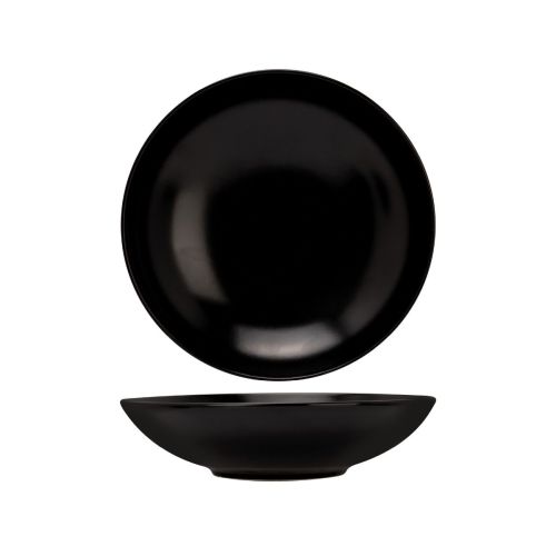 Straight front view of the Venus plate deep 21 cm made of black pottery with round shape and matt finish. Straight front view of the Venus plate deep 21 cm made of black pottery with round shape and matt finish.