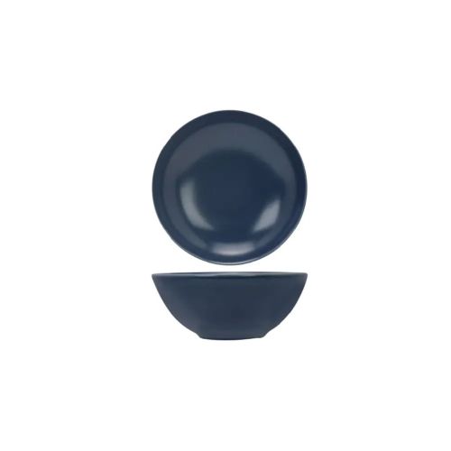 Front view of the Venus bowl 16 cm made of blue pottery with round shape and smooth interior. Front view of the Venus bowl 16 cm made of blue pottery with round shape and smooth interior.