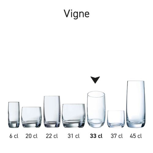 Meerdere Vigne glazen van glas naast elkaar opgesteld, waardoor vorm, formaat en consistentie van de serie zichtbaar zijn.