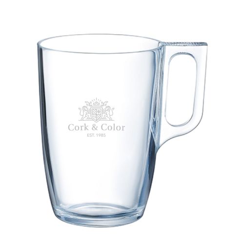 Engraving of CorkColor logo on front of clear Voluto glass 40 cl. Engraving of CorkColor logo on front of clear Voluto glass 40 cl.