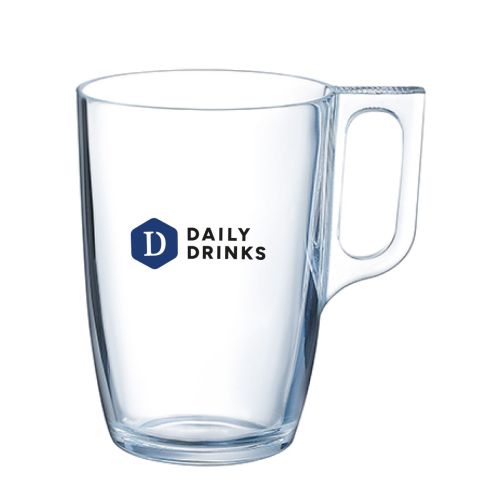 Front view of Voluto glass 40 cl. with multicoloured DailyDrinks logo on the surface. Front view of Voluto glass 40 cl. with multicoloured DailyDrinks logo on the surface.