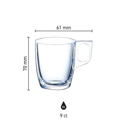 Infographic toont hoogte en diameter van het Voluto espressoglas 9 cl. Infographic toont hoogte en diameter van het Voluto espressoglas 9 cl.