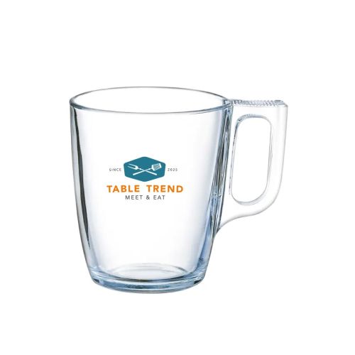 Voorzijde van Voluto glas bedrukt met meerkleurig TableTrend-logo. Voorzijde van Voluto glas bedrukt met meerkleurig TableTrend-logo.
