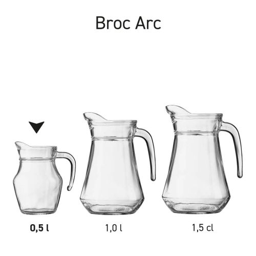 Glazen Broc Arc kannen 0,5 liter gepresenteerd als productserie met uniforme stijl. Glazen Broc Arc kannen 0,5 liter gepresenteerd als productserie met uniforme stijl.