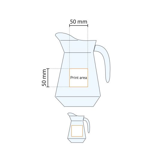 Technische werktekening toont drukgebied op glazen waterkan Broc Arc 1,0 liter. Technische werktekening toont drukgebied op glazen waterkan Broc Arc 1,0 liter.