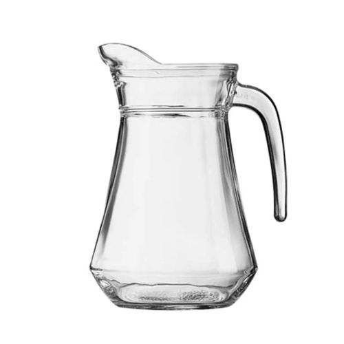 Vooraanzicht van glazen waterkan Broc Arc 1,0 liter met rechte vorm en brede tuit. Vooraanzicht van glazen waterkan Broc Arc 1,0 liter met rechte vorm en brede tuit.