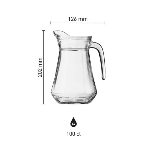 Infographic toont hoogte, diameter en inhoud van glazen waterkan Broc Arc 1,0 liter. Infographic toont hoogte, diameter en inhoud van glazen waterkan Broc Arc 1,0 liter.