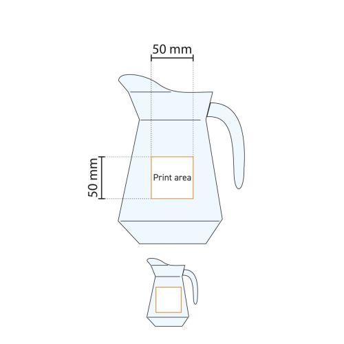 Technische werktekening met drukgebied op glazen waterkan Broc Arc 1,3 liter voor logo. Technische werktekening met drukgebied op glazen waterkan Broc Arc 1,3 liter voor logo.