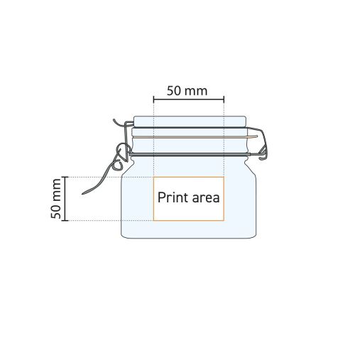 Technical drawing shows printing area on square glass weck jar Fido 0.5 litres.