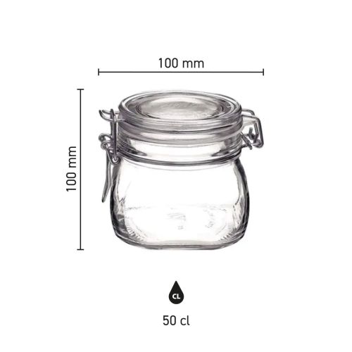 Infographic shows height, width and capacity of Fido weck jar 0.5 litre square glass.