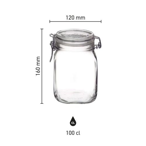 Infographic showing dimensions of square glass Fido weck jar 1 litre including height and width. Infographic showing dimensions of square glass Fido weck jar 1 litre including height and width.