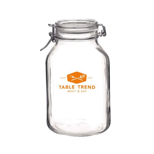 Weck jar Fido 3 litres with single-coloured TableTrend logo on the front of the square glass surface.