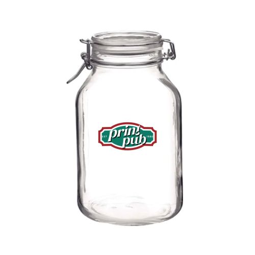 Front of square Weckpot Fido 3 litre with multicoloured PrintPub logo printed on the glass.