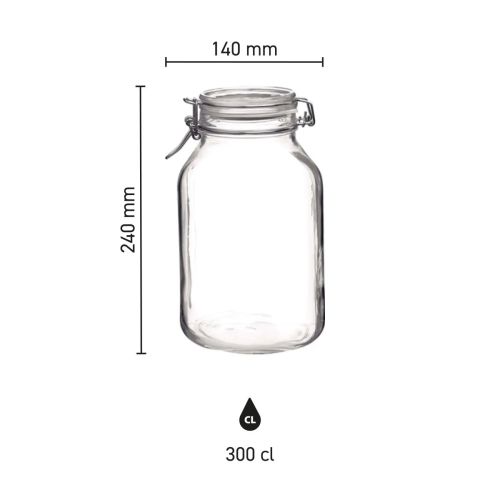 Infographic showing dimensions of the square Weckpot Fido 3 litre, shows height, width and volume.