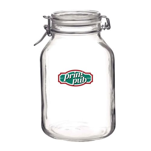 Weck jar Fido 4 litres with multicoloured PrintPub logo on the front of the round glass surface.