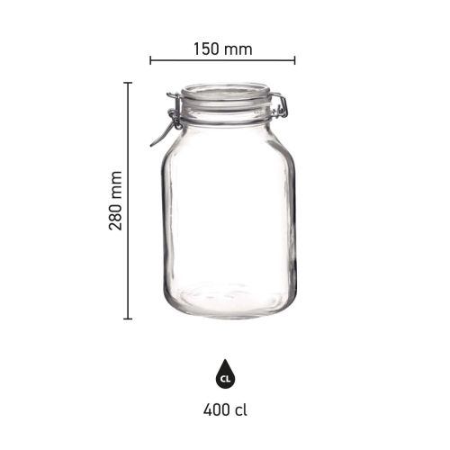 Infographic showing height, diameter and capacity of the Weckpot Fido 4 litre round version.