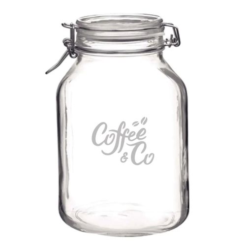 Engraved CoffeeCo logo on the round surface of the Weckpot Fido 5 litre central glass.