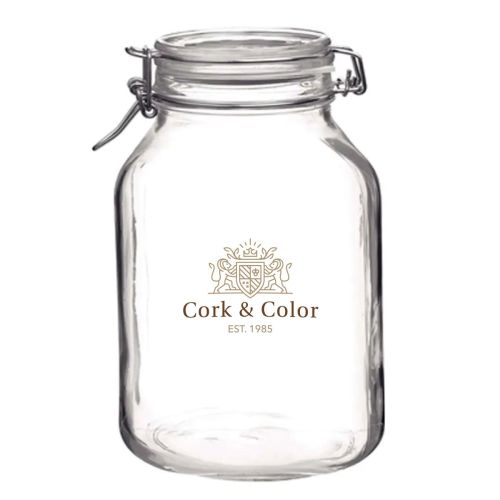 Weck jar Fido 5 litres with multicoloured CorkColor logo on the front surface of the round glass.