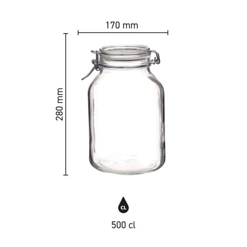 Infographic showing height, diameter and capacity of the round Weckpot Fido 5 litres in clear graduations.