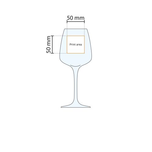 Technische werktekening van het drukgebied op het Aurum wijnglas met exacte logo-positie. Technische werktekening van het drukgebied op het Aurum wijnglas met exacte logo-positie.
