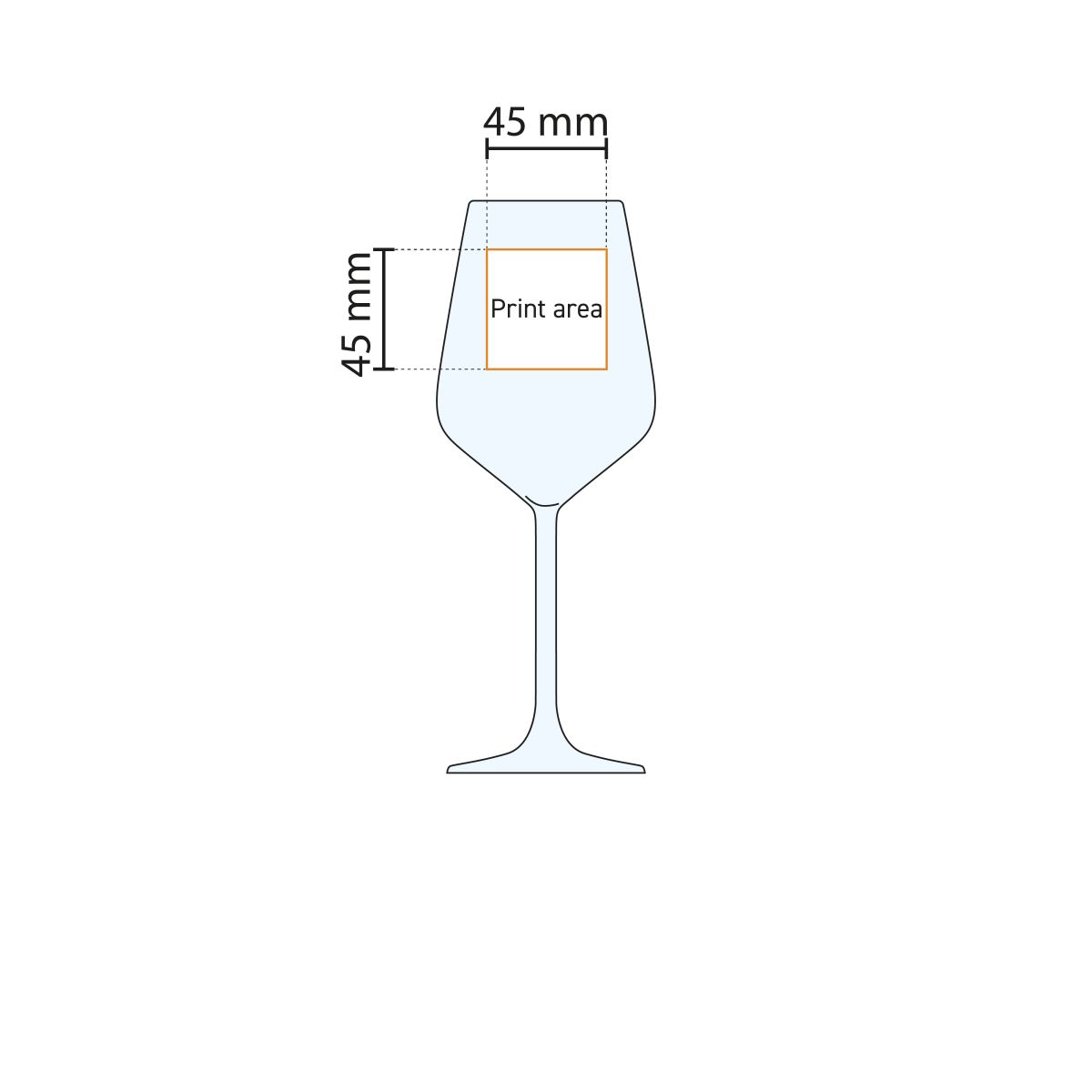 Printing area of Allegra wine glass 35 cl. glass shown in working drawing.