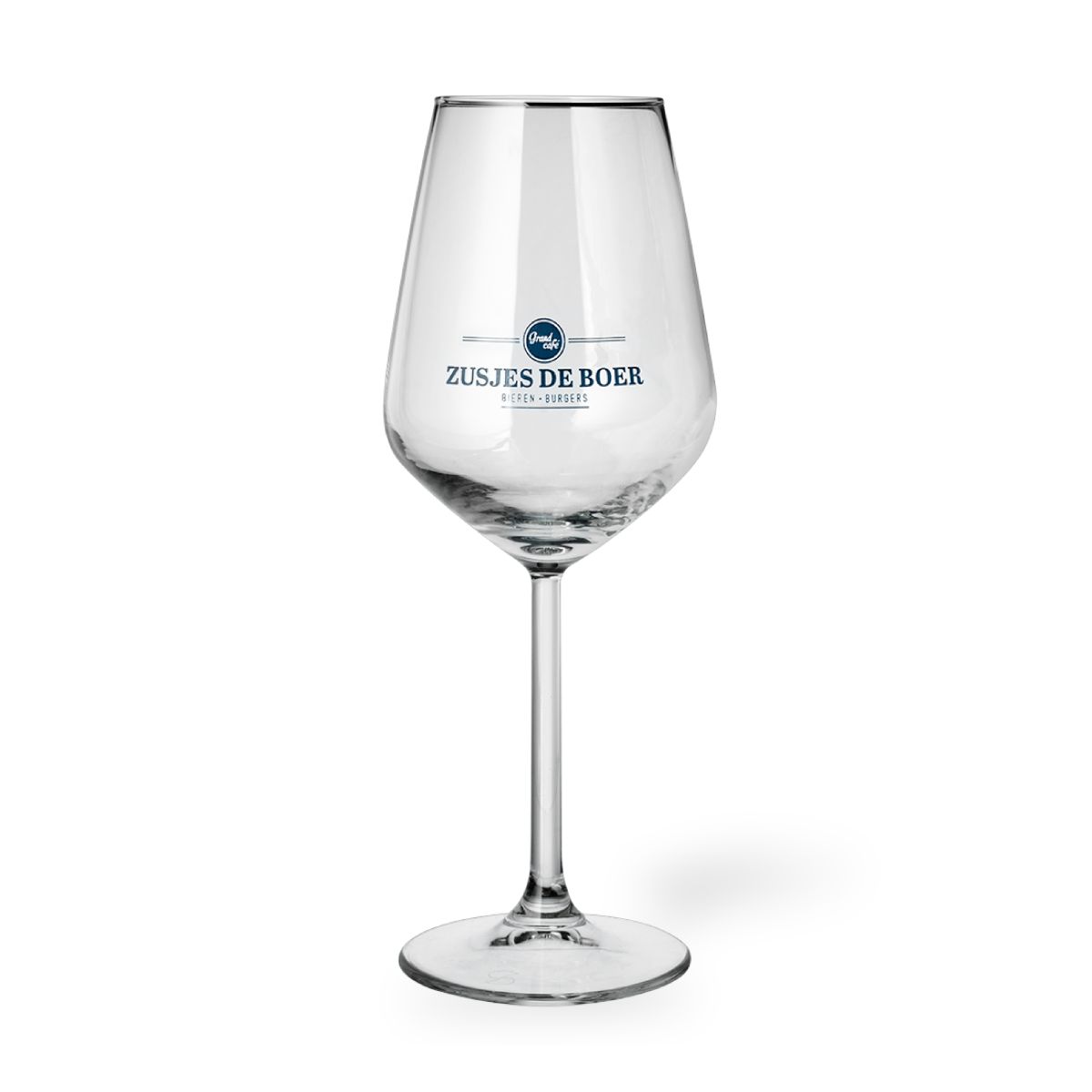 Allegra wine glass 35 cl. with blue logo of Zusjesdeboer printed on the front.