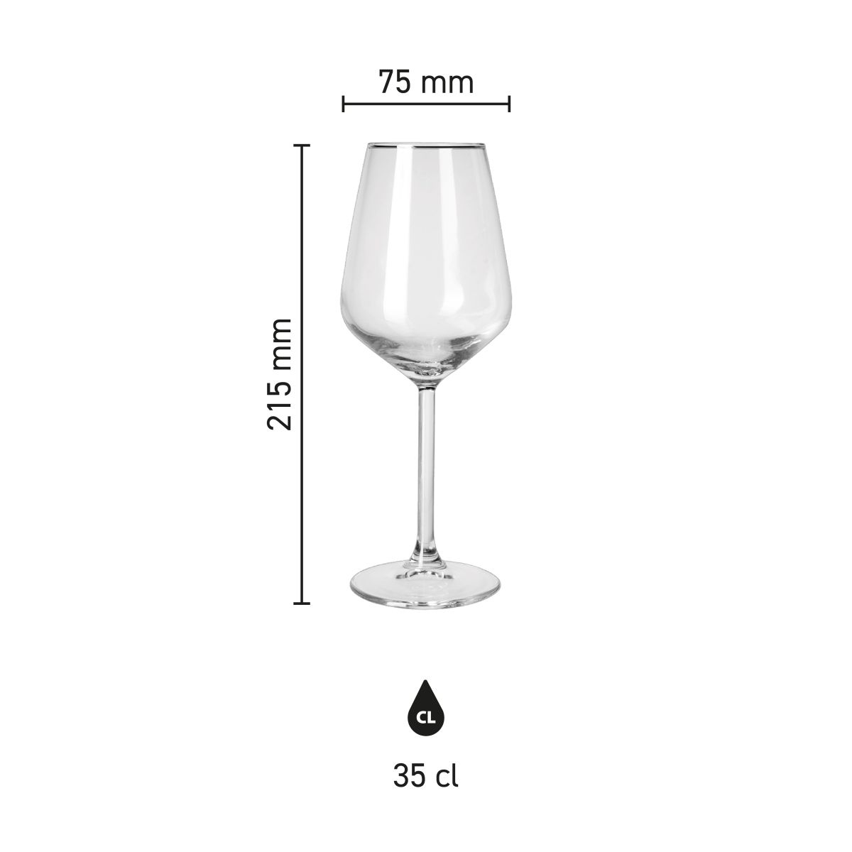 Technical infographic with dimensions of Allegra wine glass 35 cl.