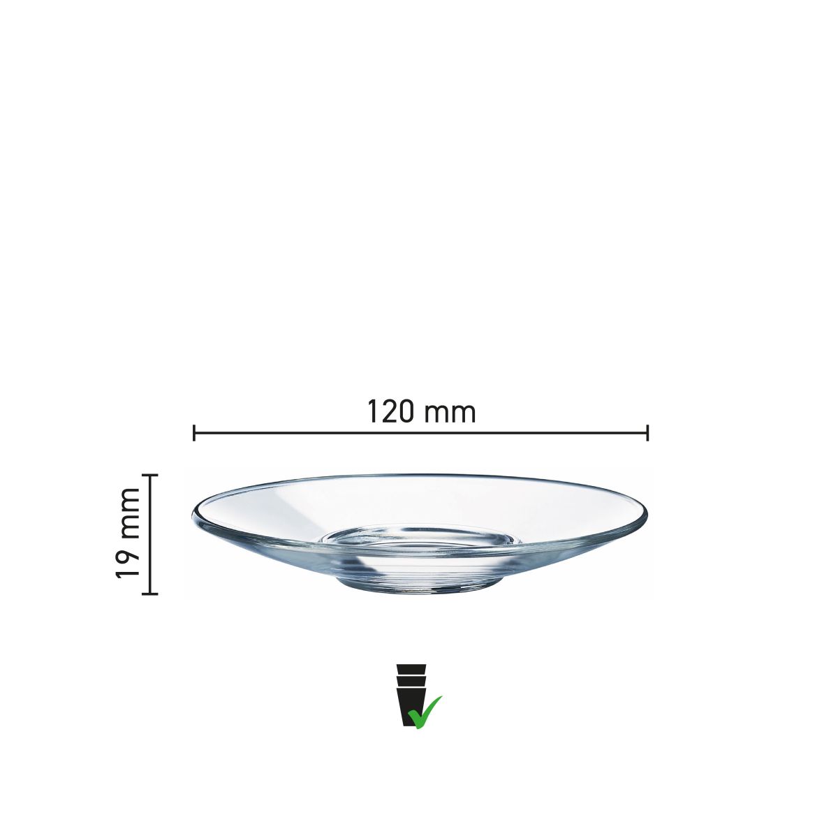 Infographic showing dimensions of the Aroma Saucer Espresso Glass 12 cm of clear glass.