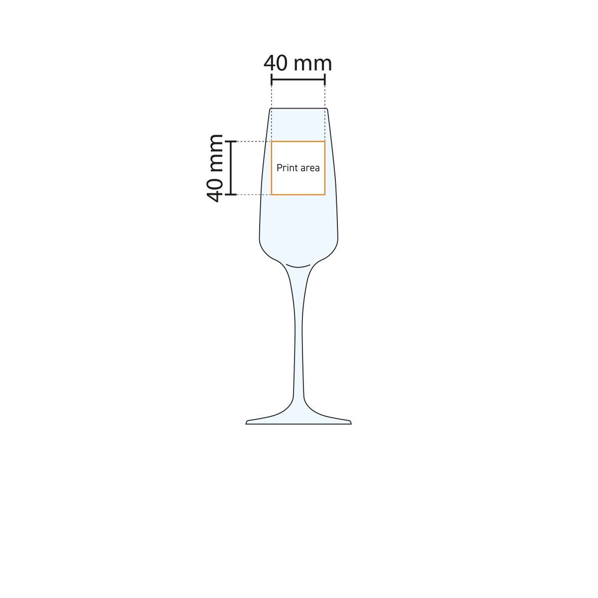 Drukgebied werktekening van glazen Aurum champagneflute 23 cl, toont bedrukkingspositie en -formaat.